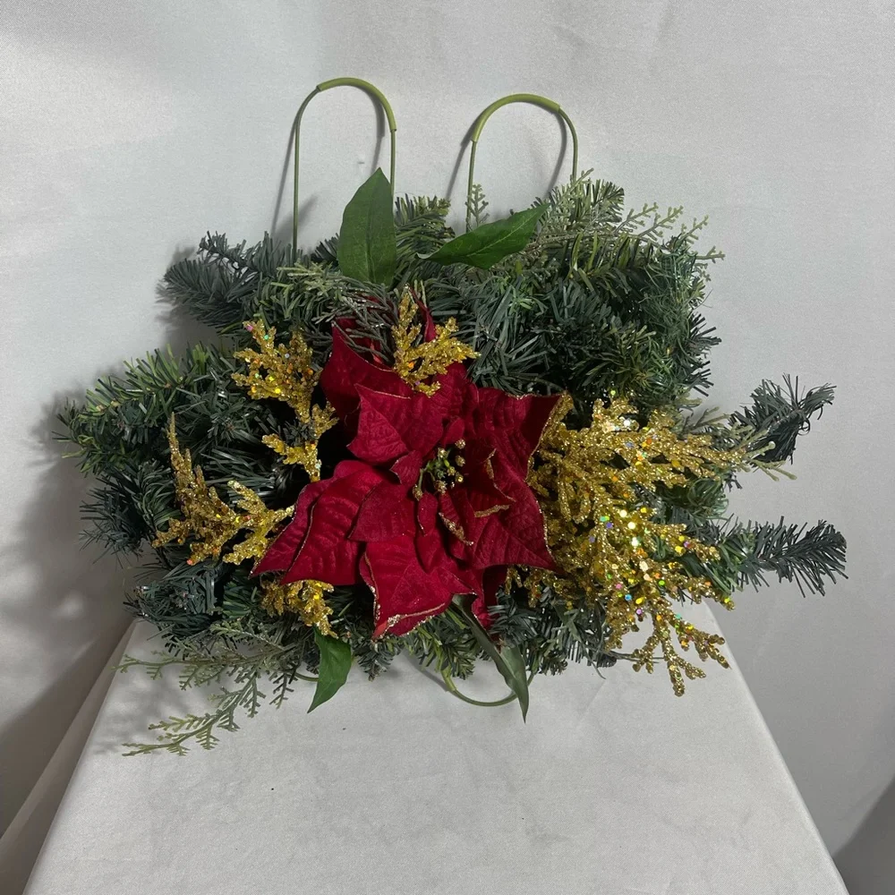 Christmas Wall Swag with Red Poinsettia & Gold Glitter Picks on Green Frame